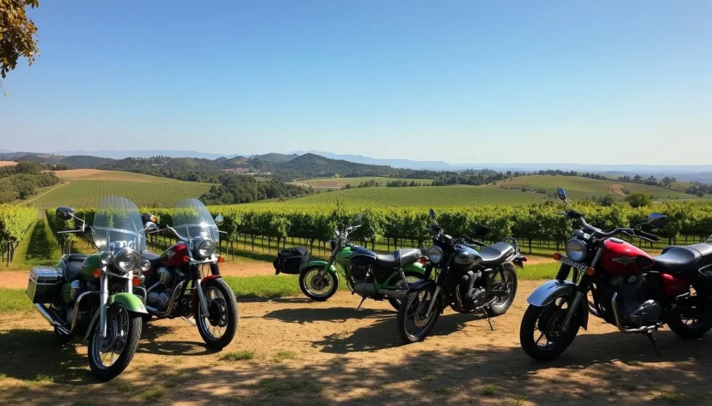 Generate an image of Doffo Winery's sprawling grounds with vintage European motorcycles.