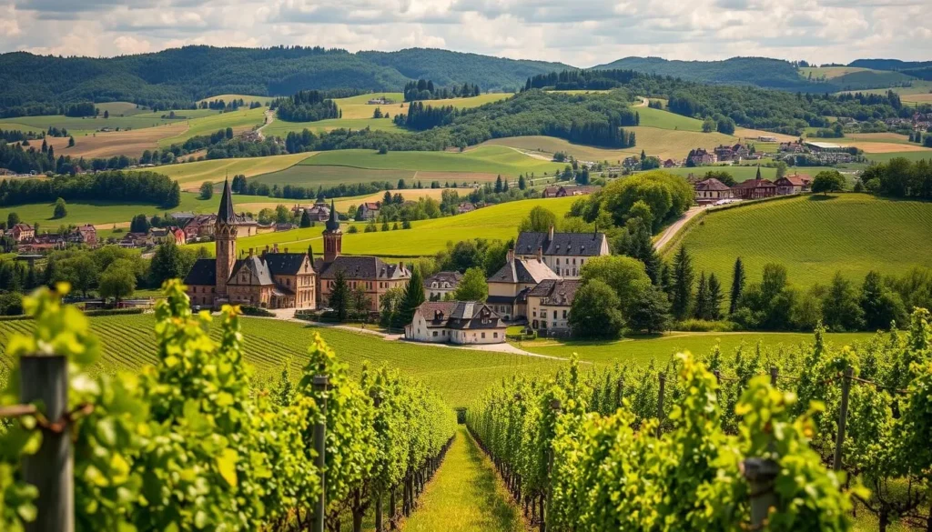 Generate an image of Domaine Bott Frères vineyards with a backdrop of the Alsatian landscape.