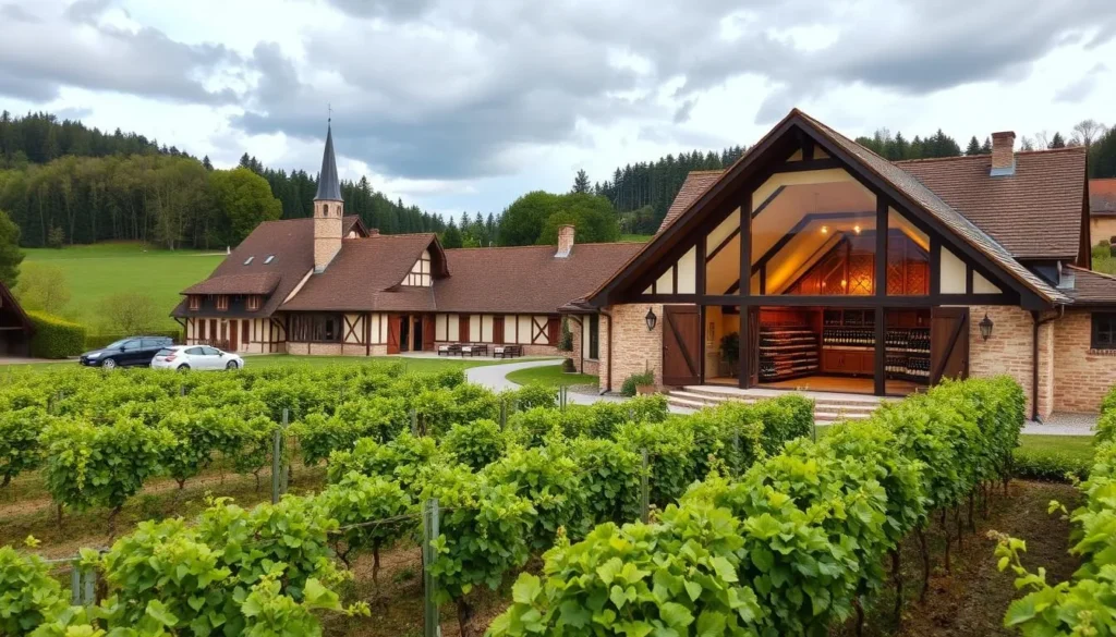 Generate an image of Domaine Bott-Geyl winery in Alsace, highlighting its vineyards and wine cellar.