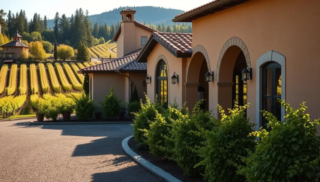 Generate an image of Domaine Roy & fils winery in Willamette Valley, Oregon, showcasing its Mediterranean-inspired architecture amidst lush vineyards.