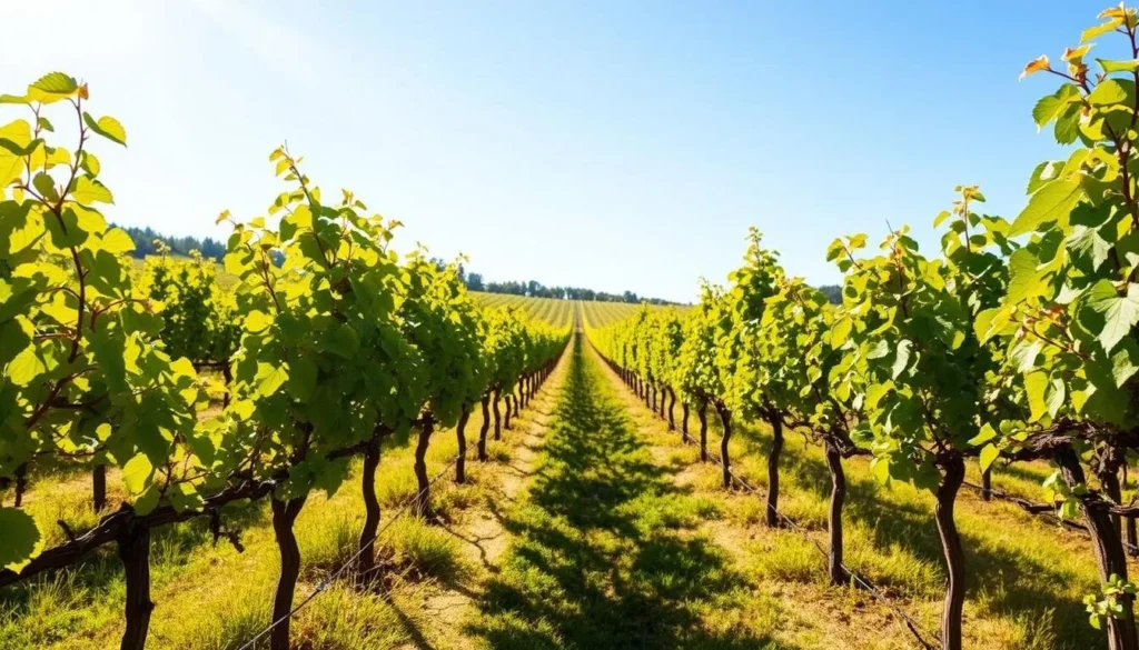 Generate an image of Domaine Sainte Marie's organic vineyards under a sunny sky