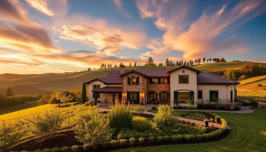 Generate an image of Domaine Serene's Tuscan-inspired estate in Dundee Hills, Willamette Valley.