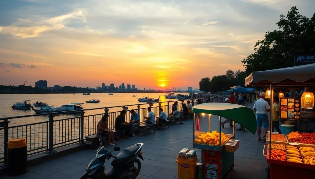 Generate an image of Dong Nai Riverfront Park at sunset, with locals enjoying the view and street vendors selling snacks.
