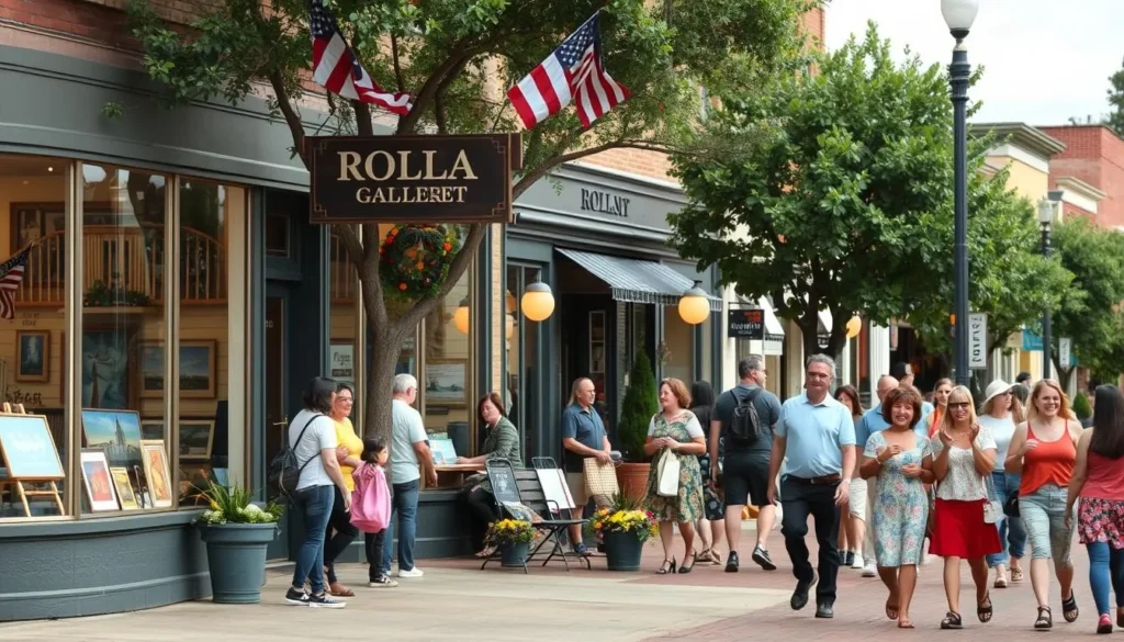 Generate an image of Downtown Rolla, featuring the Pine Street area with its galleries, shops, and people enjoying the atmosphere.