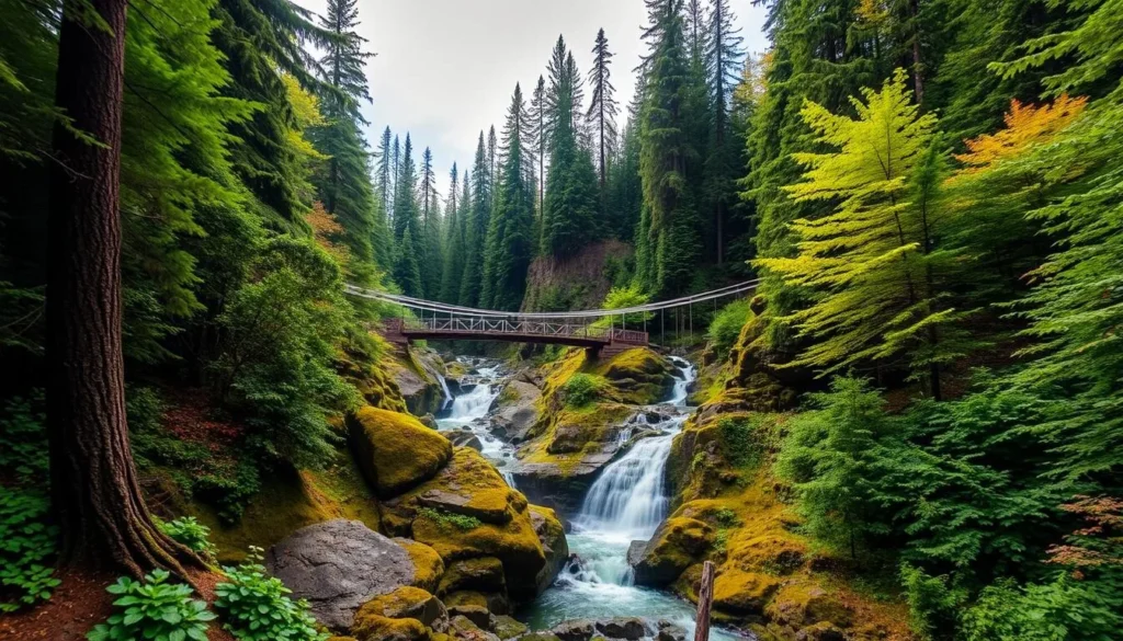 Generate an image of Drift Creek Falls and its suspension bridge surrounded by lush greenery.