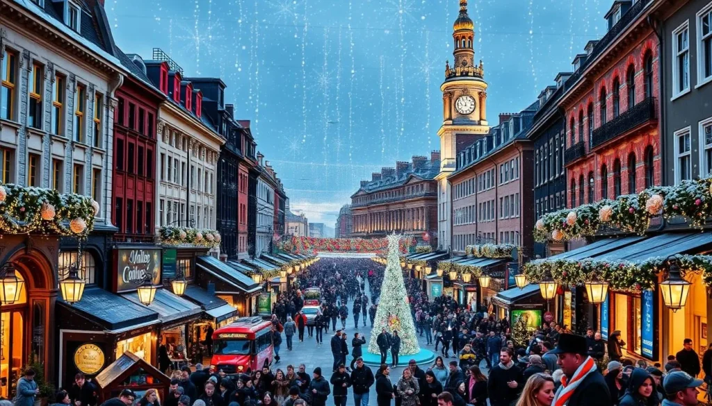 Generate an image of Dublin's city center transformed into a winter wonderland with lights, music, and revelry.