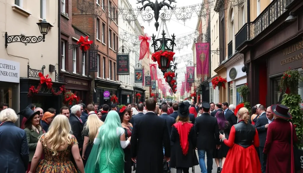 Generate an image of Dublin's streets during the Bram Stoker Festival with Gothic decorations and people in costume.