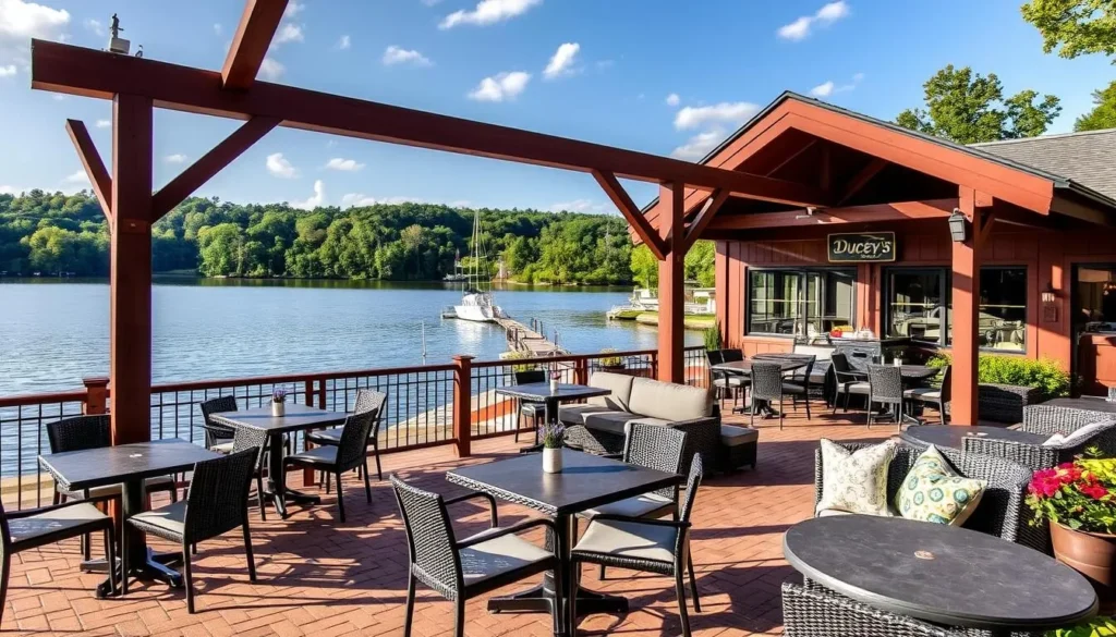 Generate an image of Ducey's on the Lake's lakeside patio.