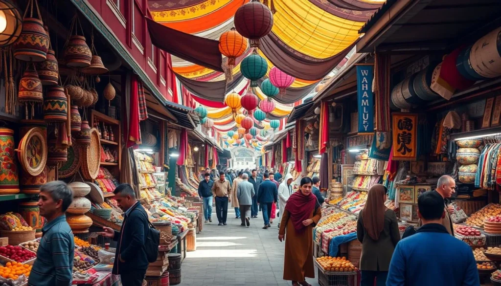 Generate an image of Dushanbe Bazaar, showcasing vibrant colors and lively atmosphere