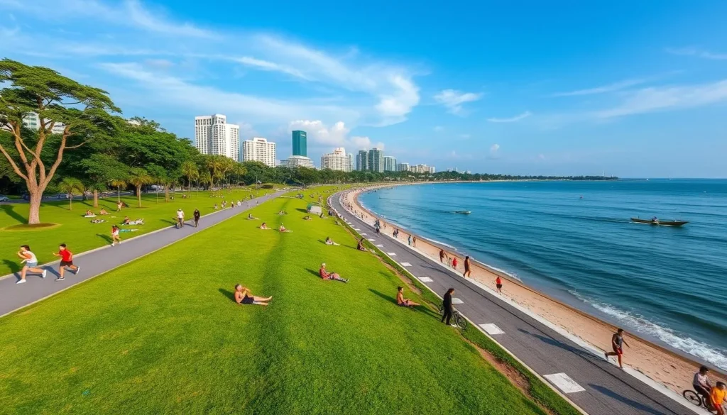 Generate an image of East Coast Park's 15-kilometer stretch of coastline with people enjoying various activities.