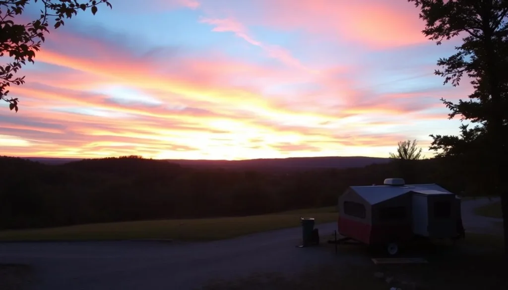 Generate an image of Echo Bluff State Park's campground during sunset.