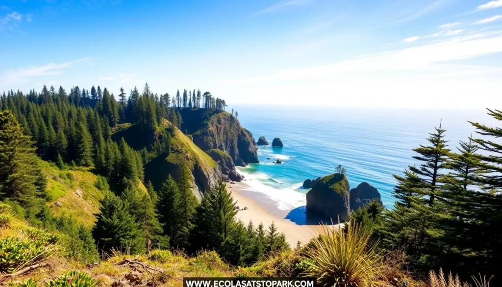 Generate an image of Ecola State Park with its dramatic cliffs and secluded beaches.