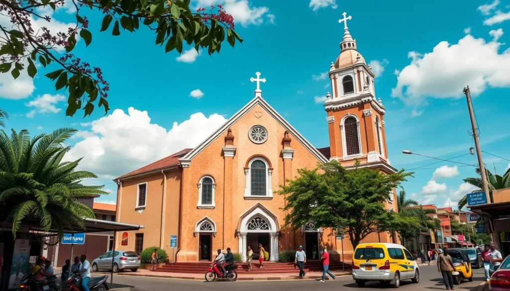 Generate an image of Église Catholique Saint Pierre in Tshikapa, showcasing its unique architecture and vibrant surroundings.