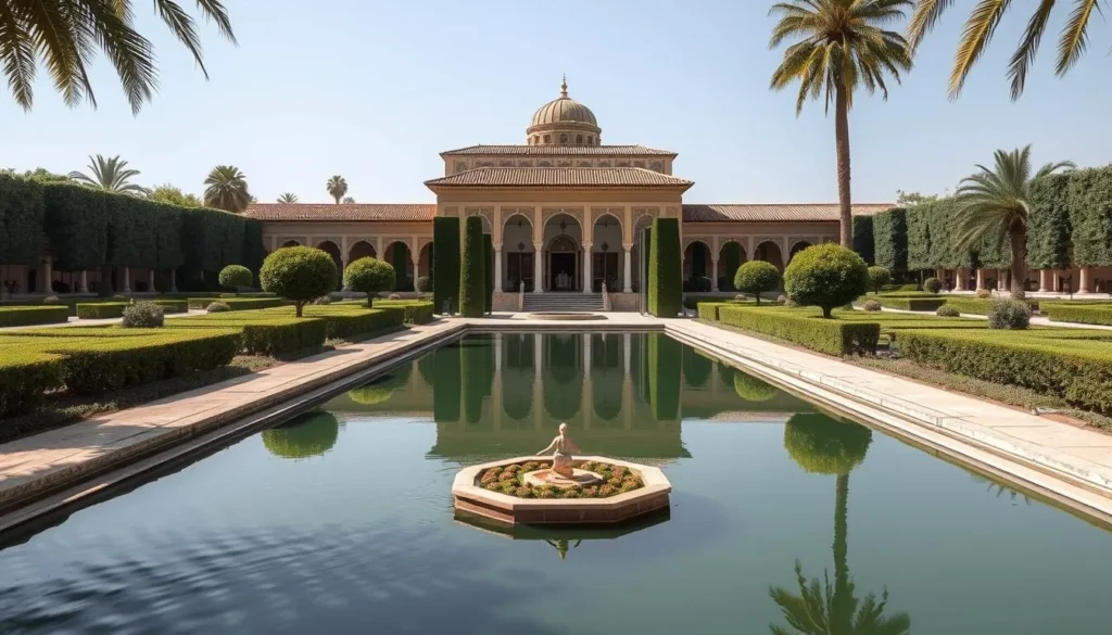 Generate an image of El Badi Palace's massive sunken gardens and reflecting pools
