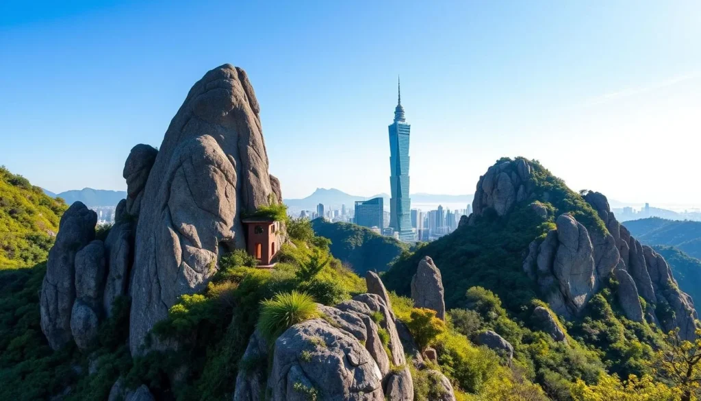 Generate an image of Elephant Mountain with Taipei101 in the background.