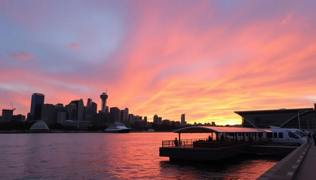 Generate an image of Elizabeth Quay at sunset with the city skyline in the background.