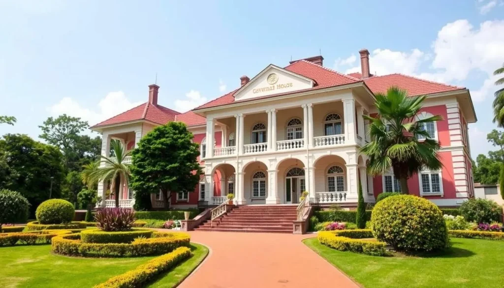 Generate an image of Enugu Government House, showcasing its colonial architecture and surrounding gardens.