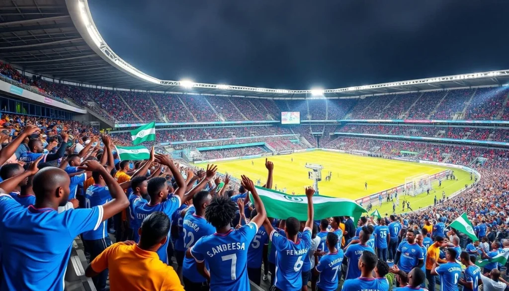 Generate an image of Enyimba International Stadium during a match day, capturing the excitement of the crowd.