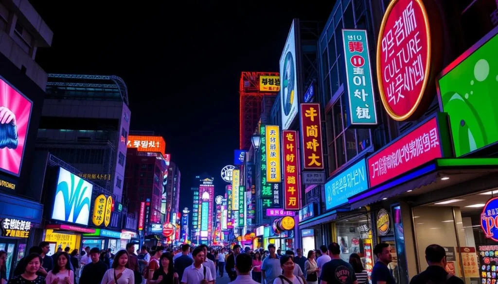 Generate an image of Euneungjeongi Culture Street at night with dazzling LED screens and neon signs.