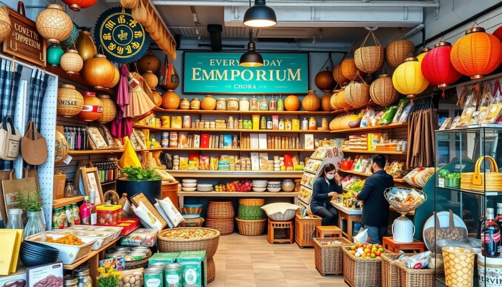 Generate an image of Everyday Emporium Choba's diverse product range, showcasing various goods catering to different budgets and needs.