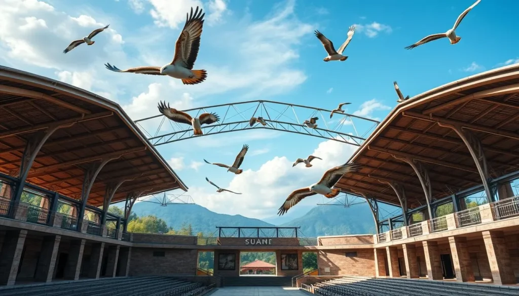 Generate an image of Falconeria Locarno's covered amphitheater with birds of prey flying overhead.