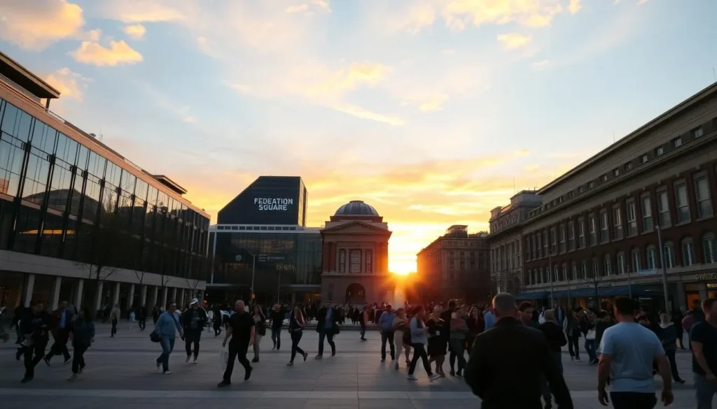 Generate an image of Federation Square at sunset, showcasing its vibrant atmosphere and modern architecture.
