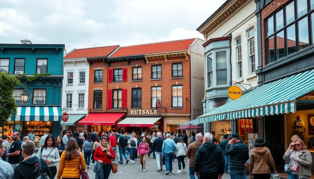 Generate an image of Felix Street Square with shoppers browsing through boutiques