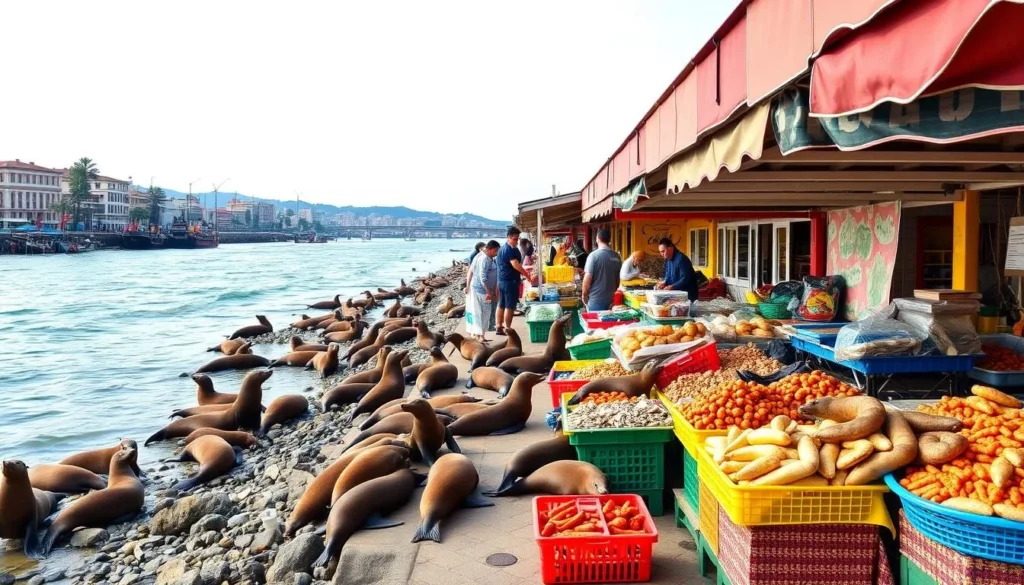 Generate an image of Feria Fluvial market with colorful stalls, fresh seafood, and sea lions along the riverbank.