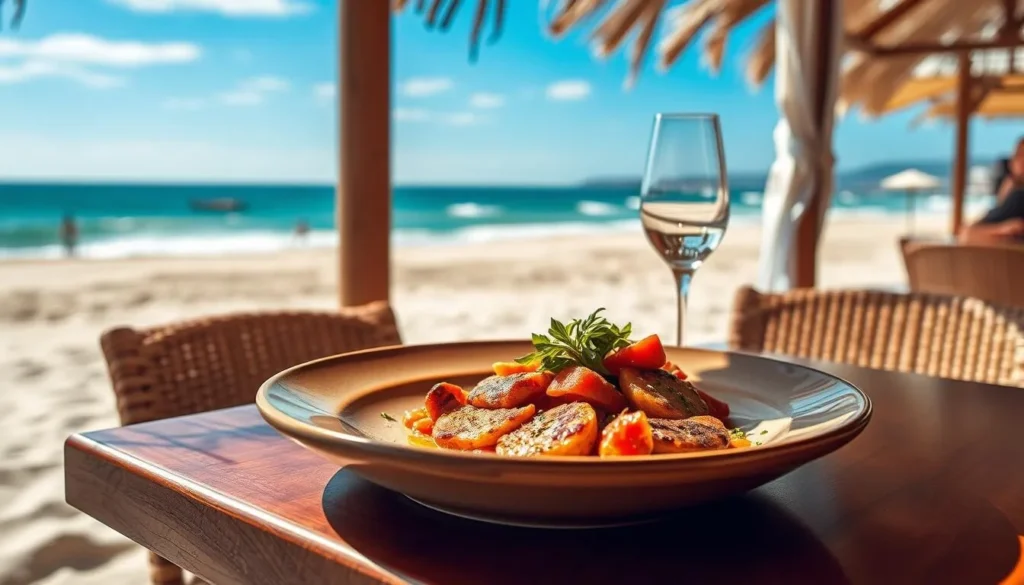 Generate an image of Fiamma's beachside setting with a dish served on the table.