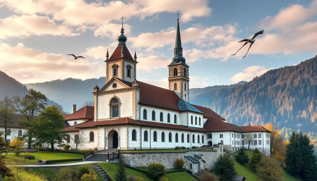 Generate an image of Fischingen Abbey, a historic monastery in Switzerland, showcasing its beautiful baroque church and serene surroundings.