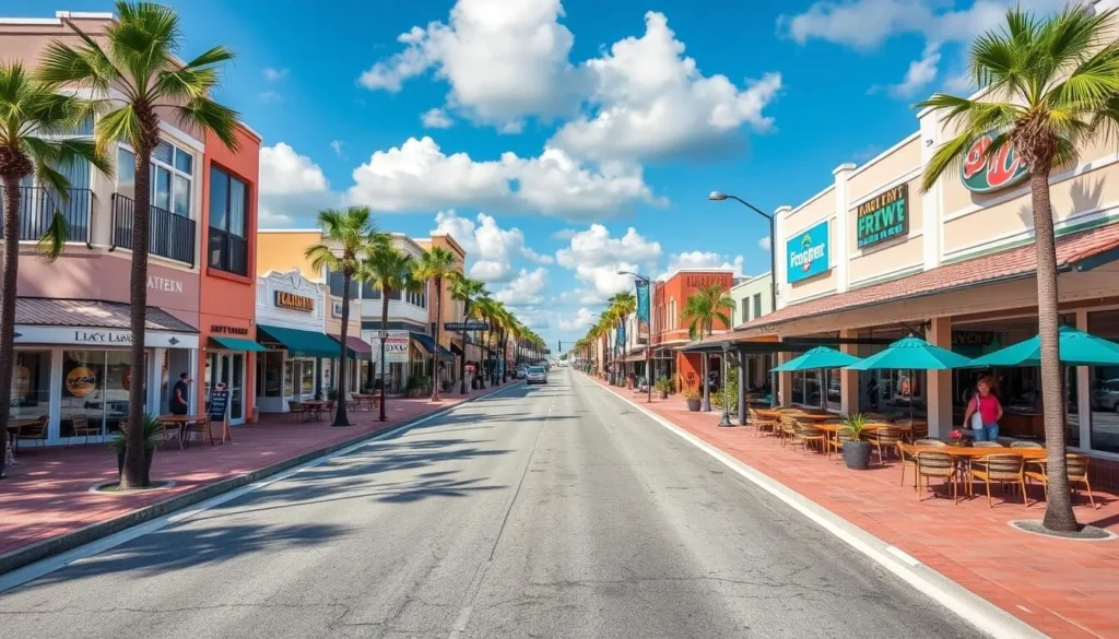 Generate an image of Flagler Avenue in New Smyrna Beach, highlighting its beach-end location, eclectic shops, and diverse dining options.