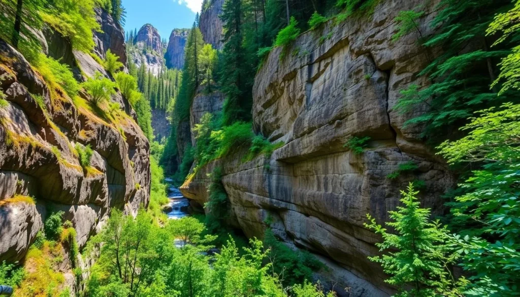 Generate an image of Flume Gorge, a natural granite ravine with walls soaring 70-90 feet high, surrounded by lush greenery.