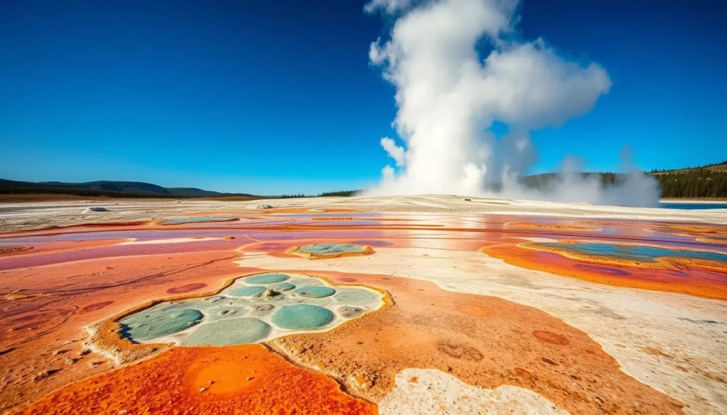 Generate an image of Fly Ranch Geyser with its vibrant, multi-colored mineral deposits and a steaming geyser in the background.