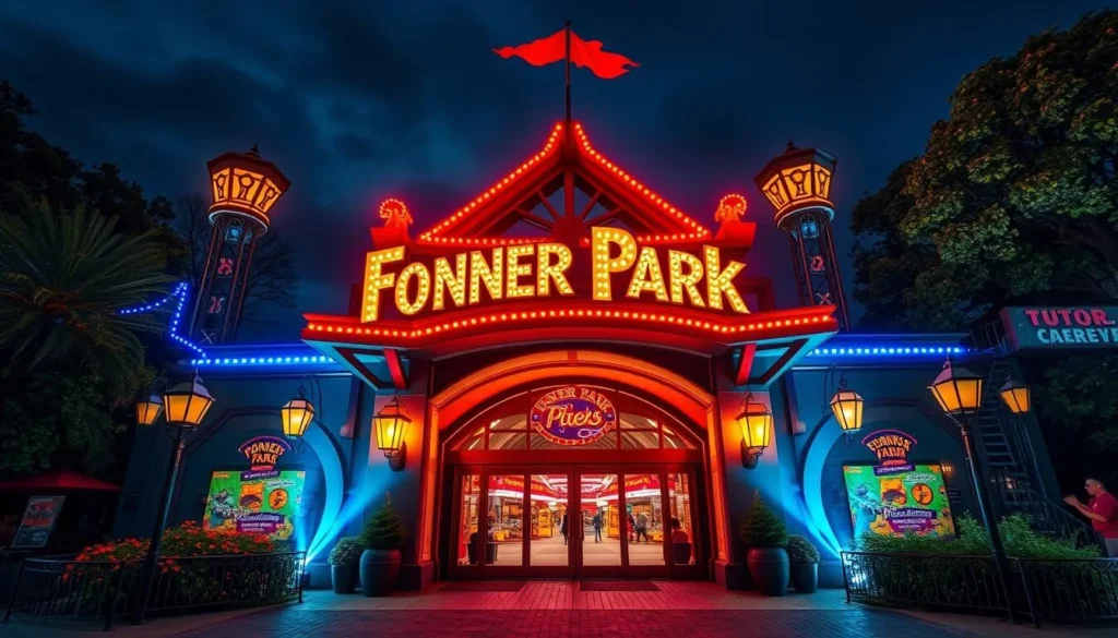 Generate an image of Fonner Park's main entrance, showcasing its vibrant atmosphere and exciting attractions.