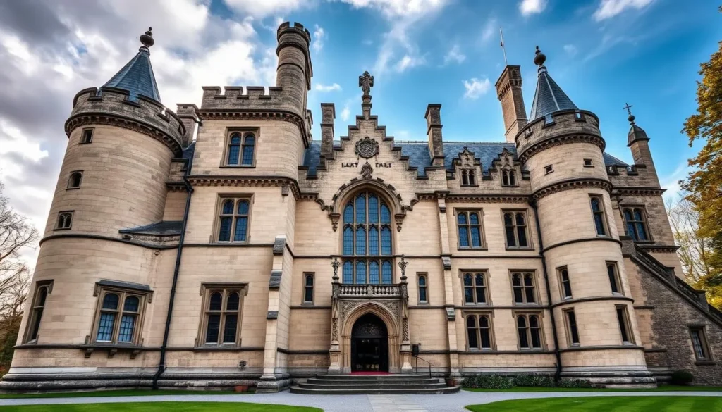 Generate an image of Fonthill Castle's exterior, showcasing its unique concrete architecture.