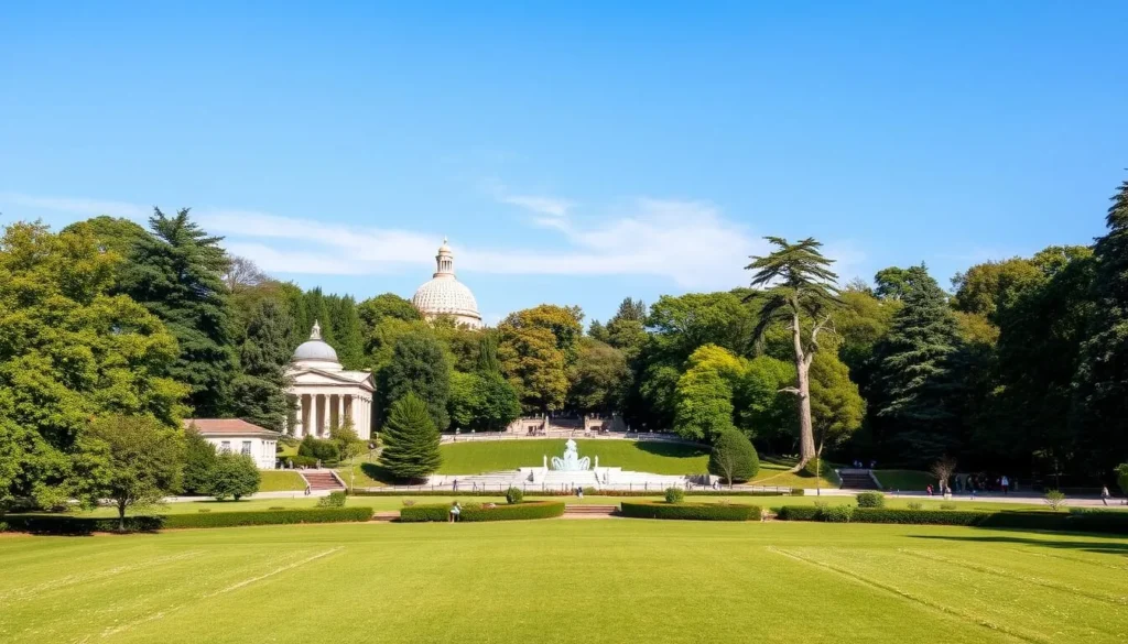 Generate an image of Forest Park's serene landscape with a mix of lush greenery and cultural attractions.
