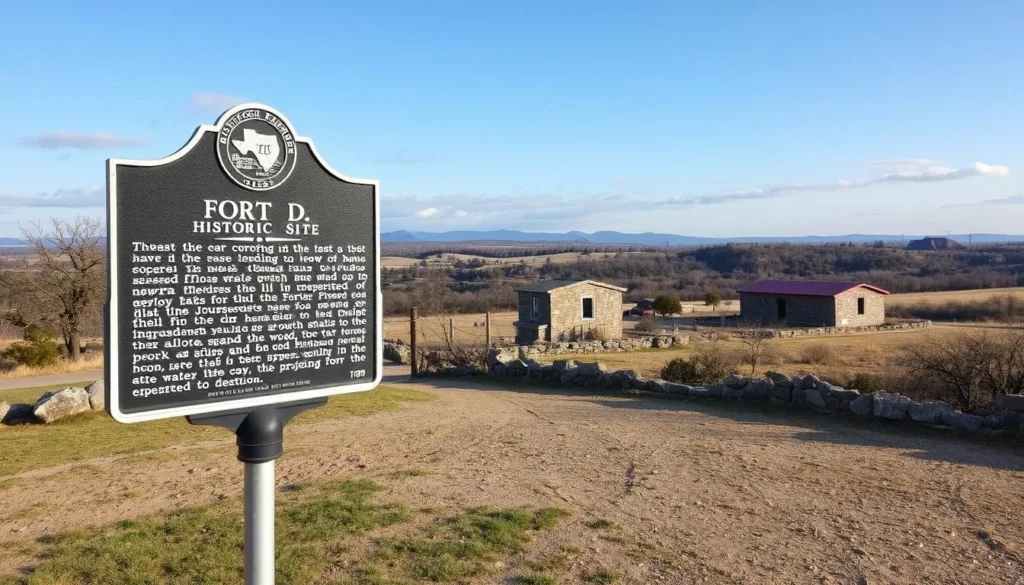 Generate an image of Fort D Historic Site with a historic marker and a scenic background.