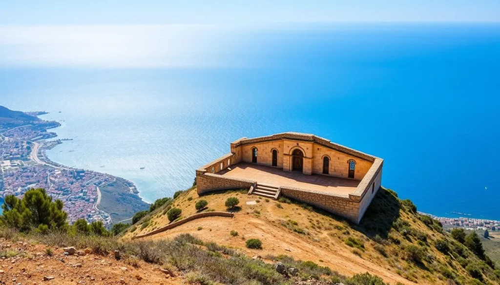 Generate an image of Fort Santa Cruz perched on a hill overlooking Oran and the Mediterranean Sea.