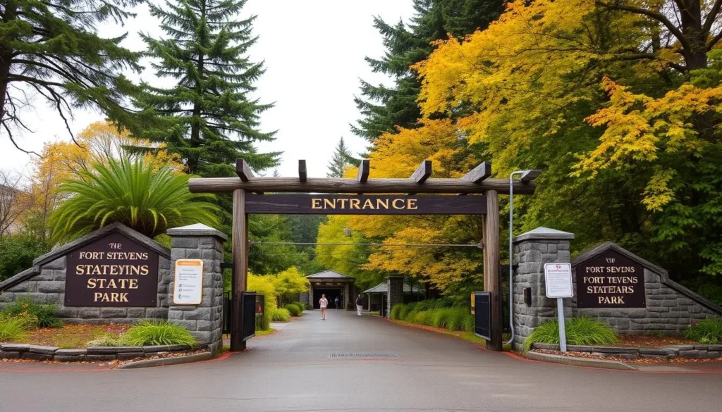 Generate an image of Fort Stevens State Park's entrance