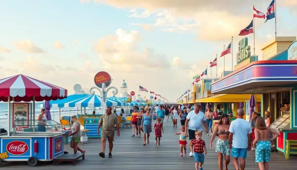 Generate an image of Fort Walton Beach Florida with a vibrant boardwalk and family-friendly activities.