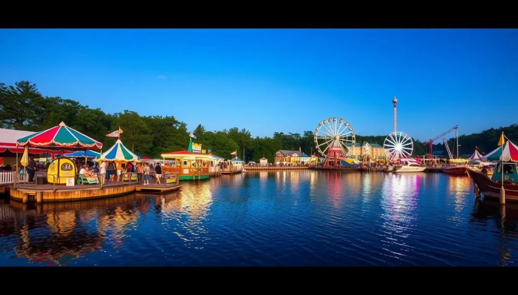 Generate an image of Foy's Lake Amusement World with its thrilling rides and serene lake.