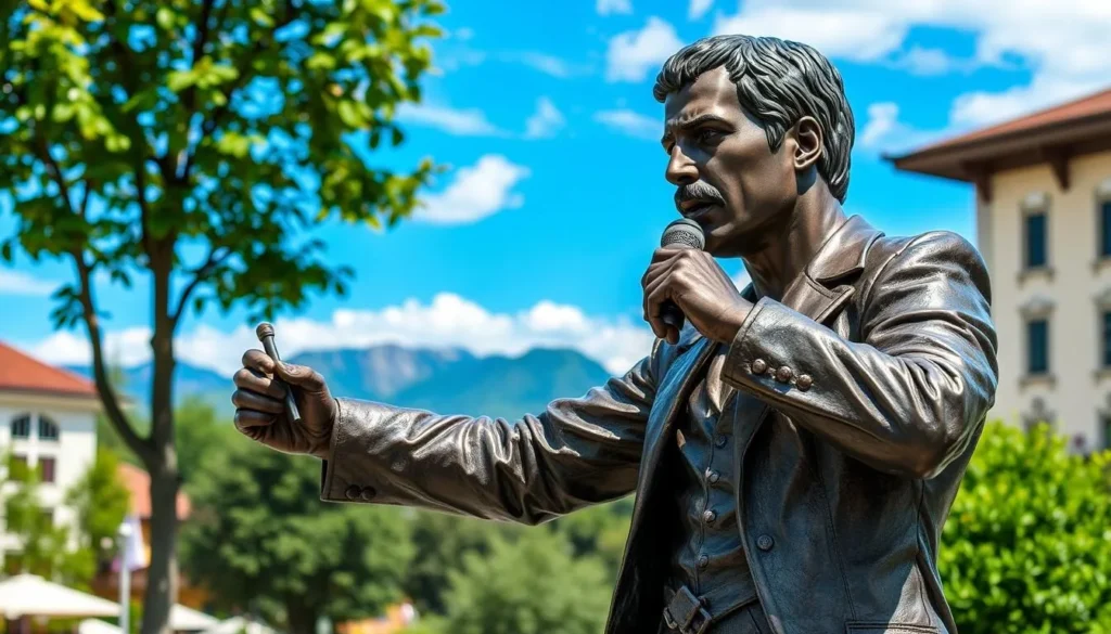 Generate an image of Freddie Mercury's bronze statue in Montreux
