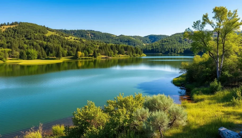Generate an image of Fremont Lakes State Recreation Area in Nebraska, showcasing its serene lakes and surrounding greenery.