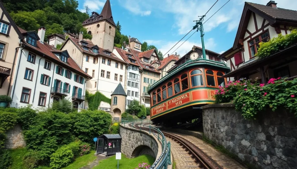 Generate an image of Fribourg's historic funicular ascending between the medieval upper and lower towns.