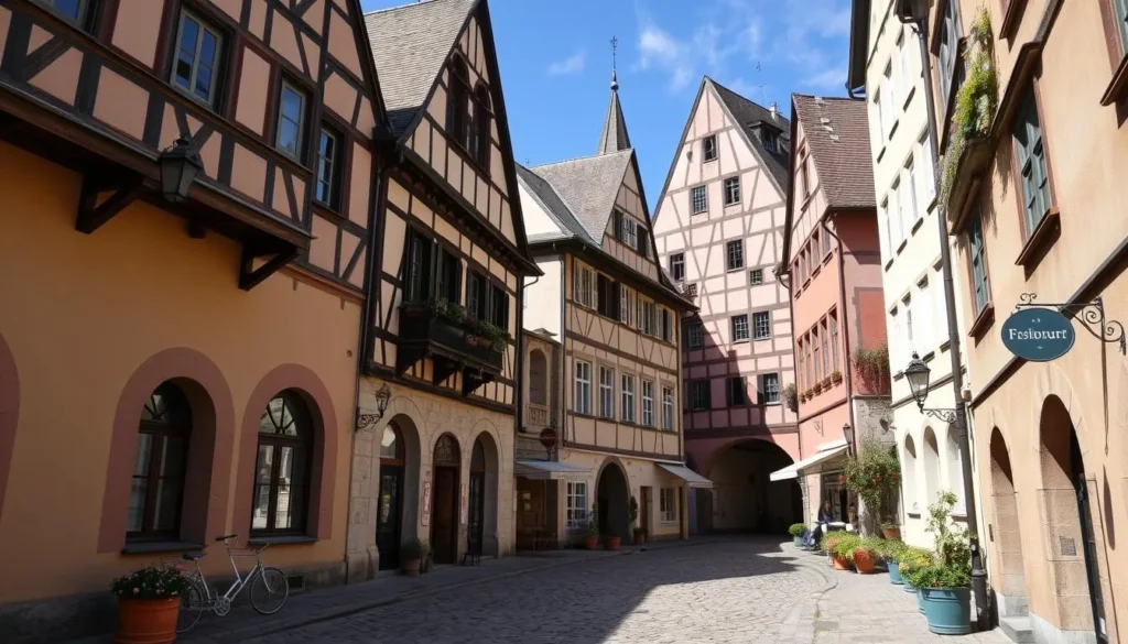Generate an image of Fribourg's old town with cobblestone streets and medieval buildings.