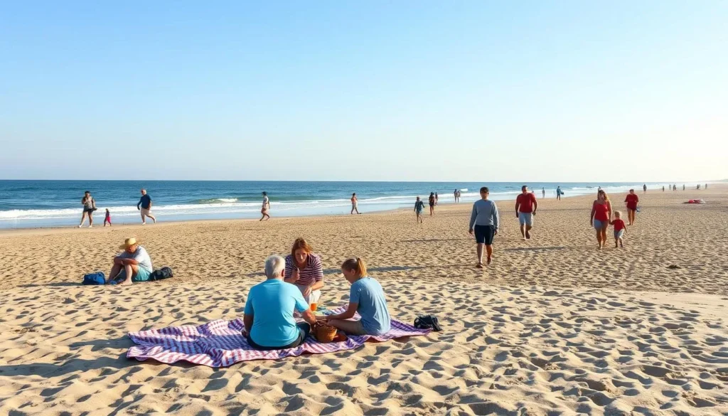 Generate an image of Front Beach with families having a picnic and walking along the shore.