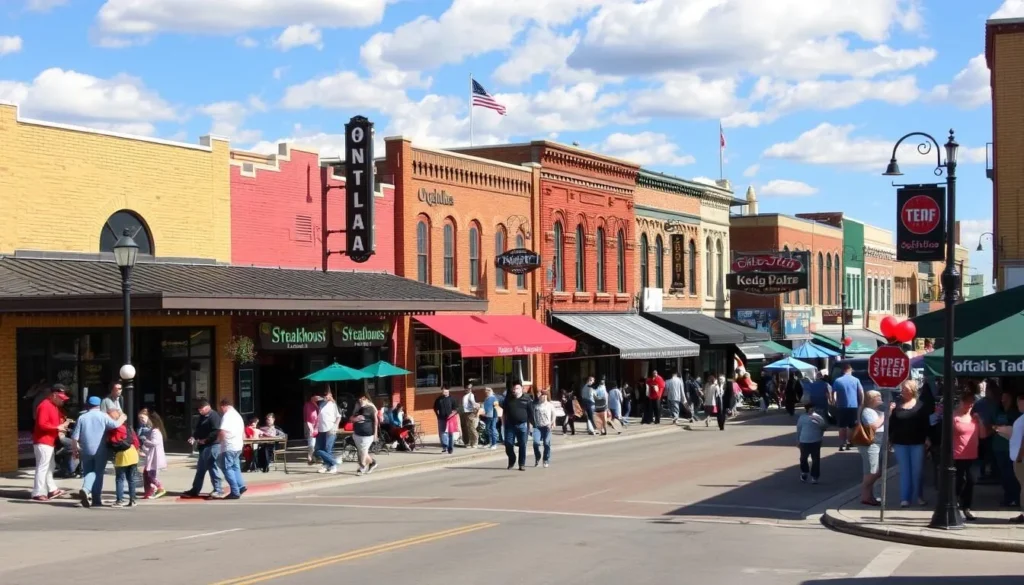 Generate an image of Front Street in Ogallala, Nebraska, with historic buildings, steakhouses, and a lively atmosphere.