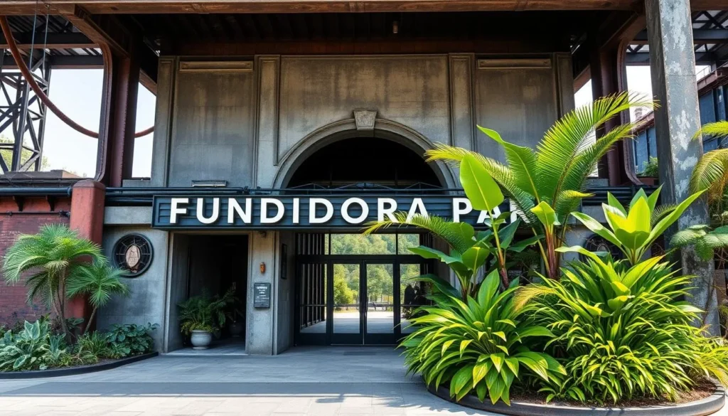 Generate an image of Fundidora Park's main entrance with a mix of industrial heritage and modern greenery.