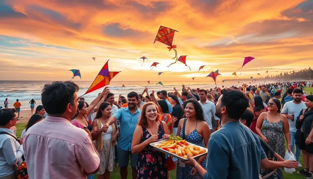 Generate an image of Galle Face Green during sunset with people flying kites and enjoying street food.
