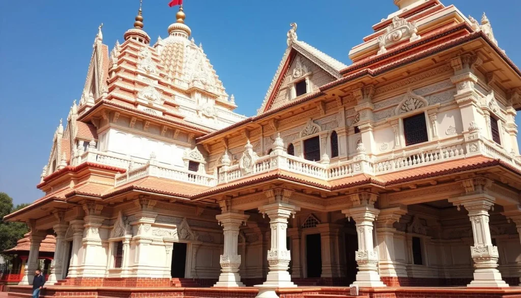 Generate an image of Gangaramaya Temple's exterior, showcasing its unique blend of architectural styles.